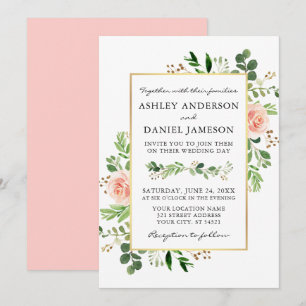 Invitation Aquarelle verte Rose rose Mariage