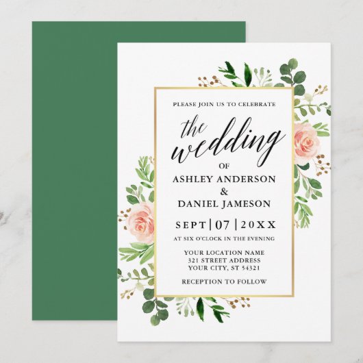 Invitation Aquarelle verte Roses roses rose Mariage de callig (Devant / Derrière)