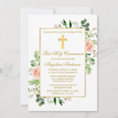 Invitation Aquarelle verte Roses roses rose Première communio (Devant)