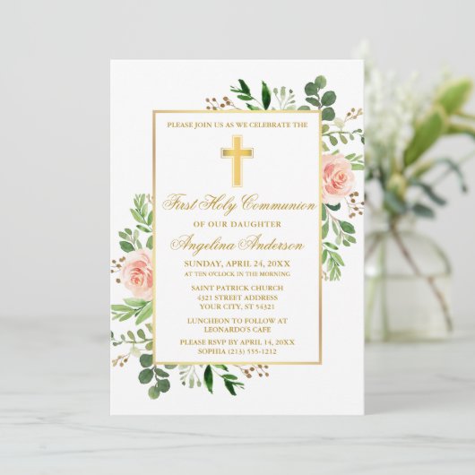 Invitation Aquarelle verte Roses roses rose Première communio (Debout devant)