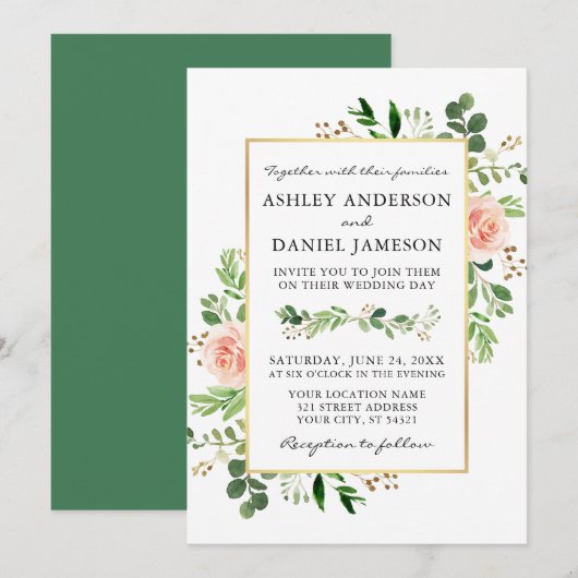 Invitation Aquarelle verte Roses roses roses roses Mariage or (Devant / Derrière)