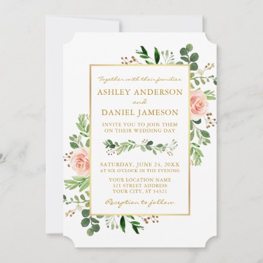 Invitation Aquarelle verte Roses roses roses roses Mariage or (Devant)