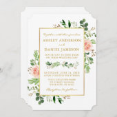 Invitation Aquarelle verte Roses roses roses roses Mariage or (Devant / Derrière)
