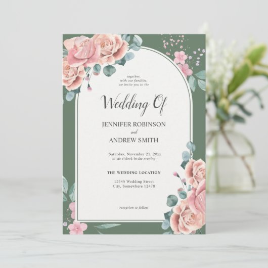 Invitation Aquarelle verte Sage Mariage (Debout devant)