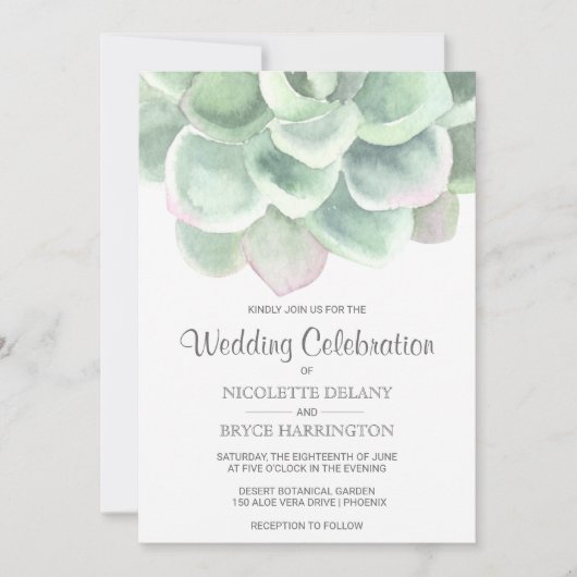 Invitation Aquarelle verte simple Mariage Succulent (Devant)