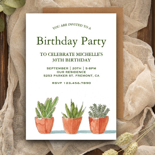 Invitation Aquarelle verte Succulents fête d'anniversaire
