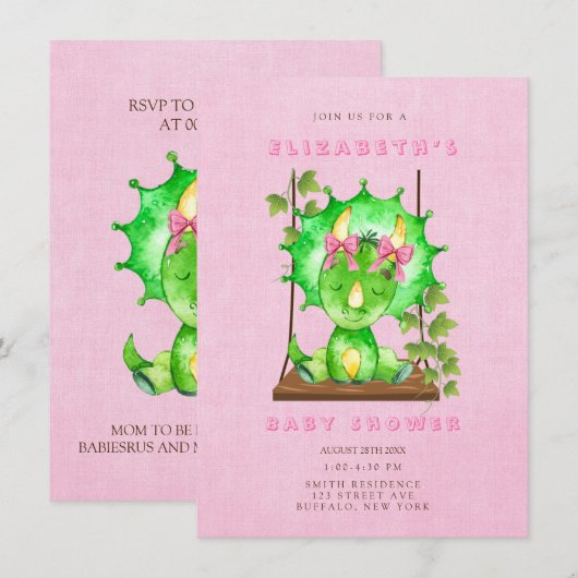 Invitation Aquarelle verte Tricératops Baby shower fille (Devant / Derrière)