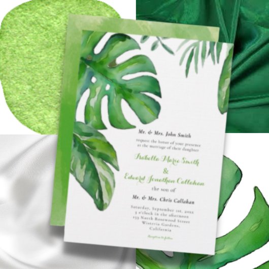Invitation Aquarelle verte tropicale Monstera Feuille Mariage