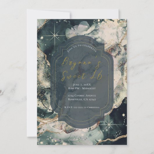 Invitation Aquarelle verte turquoise Or Celestial Sweet 16 (Devant)