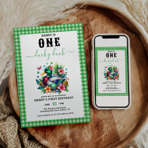 Invitation Aquarelle verte Un Lucky Duck Boy 1er anniversaire