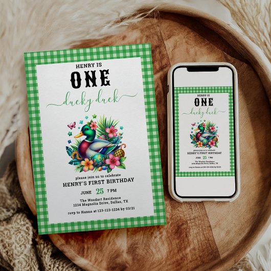 Invitation Aquarelle verte Un Lucky Duck Boy 1er anniversaire