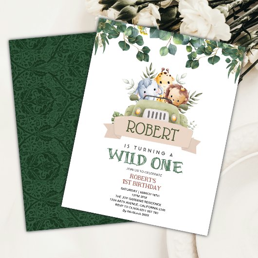 Invitation Aquarelle verte Wild One Jungle Safari Anniversair
