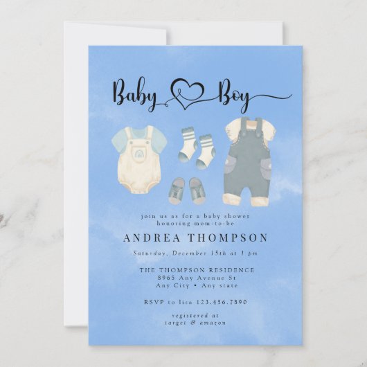 Invitation Aquarelle Vêtements bébé | Baby shower garçon (Devant)