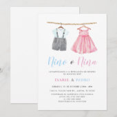 Invitation Aquarelle Vêtements de bébé espagnol Révélation de (Devant / Derrière)