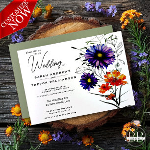 Invitation Aquarelle Vibrant Orange et violet Fleurs sauvages