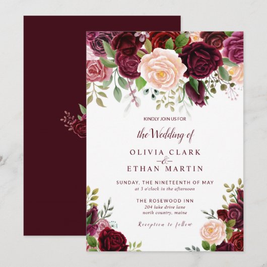 Invitation Aquarelle vintage Bourgogne Florale (Devant / Derrière)