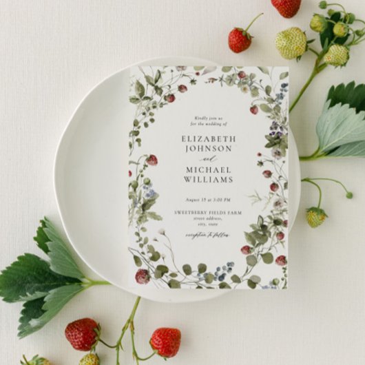 Invitation Aquarelle vintage fraise Mariage d'été