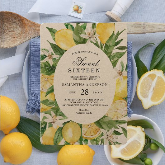 Invitation Aquarelle Vintage Kraft Cadre citrons jaunes