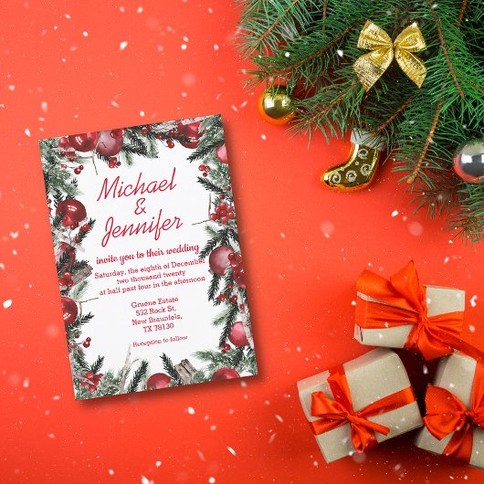 Invitation Aquarelle vintage noël verdure mariage rouge
