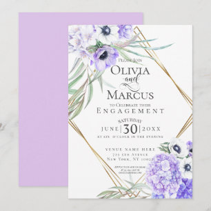 Invitation Aquarelle Violet Anémonique Floral Cadre géométriq