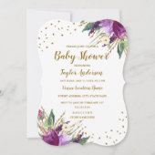 Invitation Aquarelle violet Baby shower à fleurs or (Devant)