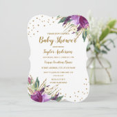 Invitation Aquarelle violet Baby shower à fleurs or (Debout devant)