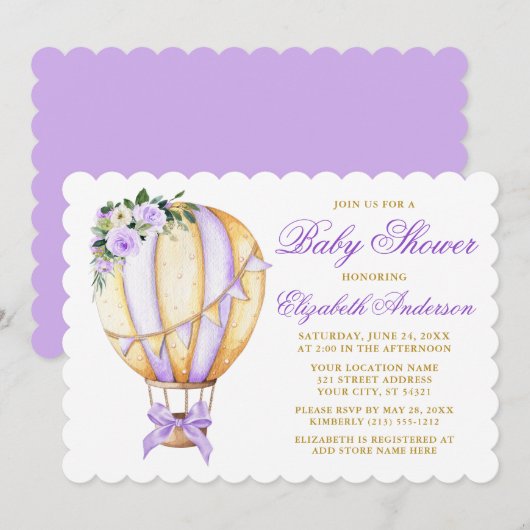 Invitation Aquarelle violet Baby shower de fond de ballons fl (Devant / Derrière)
