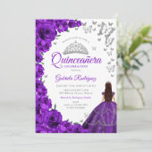 Invitation Aquarelle violet blanc argent Floral Quinceanera (Debout devant)