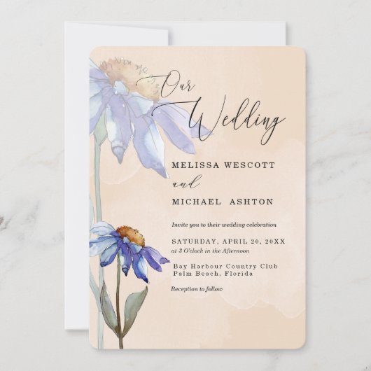 Invitation Aquarelle violet bleu marguerite bracelet Mariage  (Devant)