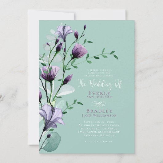 Invitation Aquarelle violet Boho Floral QR Code Mariage (Devant)