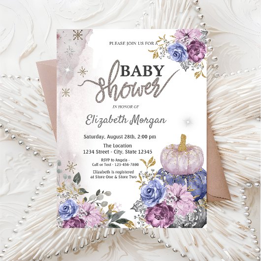 Invitation Aquarelle Violet Citrouille Baby shower Fleurs