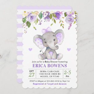 Invitation Aquarelle violet clair Baby shower éléphant fille