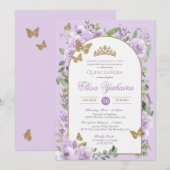Invitation Aquarelle violet clair Beurre d'or Quinceanera (Devant / Derrière)
