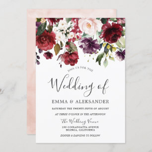 Invitation Aquarelle violet de Bourgogne rousse bleu Mariage