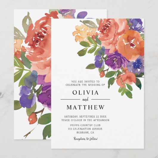 Invitation Aquarelle violet de corail moderne Mariage floral (Devant / Derrière)