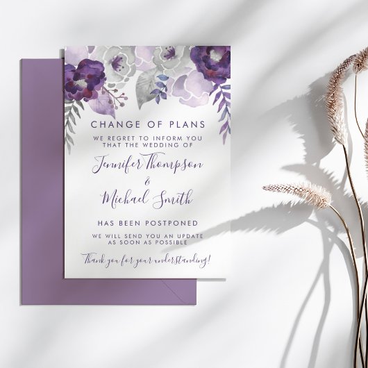 Invitation Aquarelle violet et argent Mariage Changement de p
