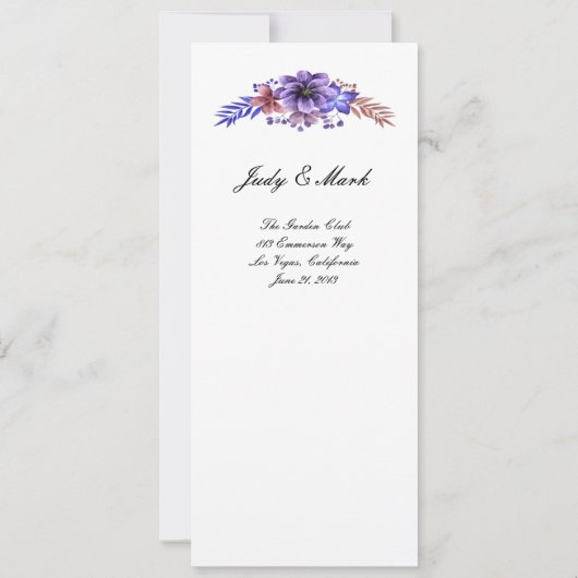 Invitation Aquarelle violet et bleu Menu Mariage Floral (Dos)