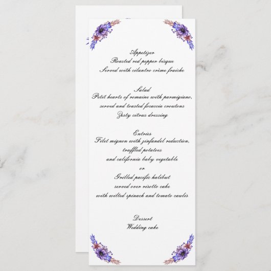 Invitation Aquarelle violet et bleu Menu Mariage Floral (Devant / Derrière)
