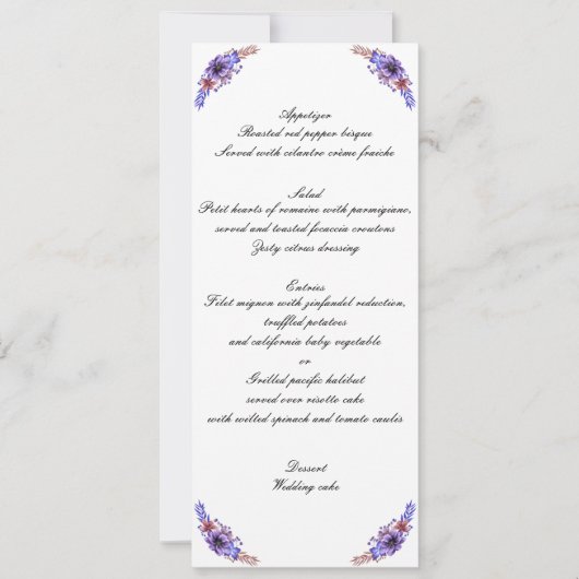 Invitation Aquarelle violet et bleu Menu Mariage Floral (Devant)