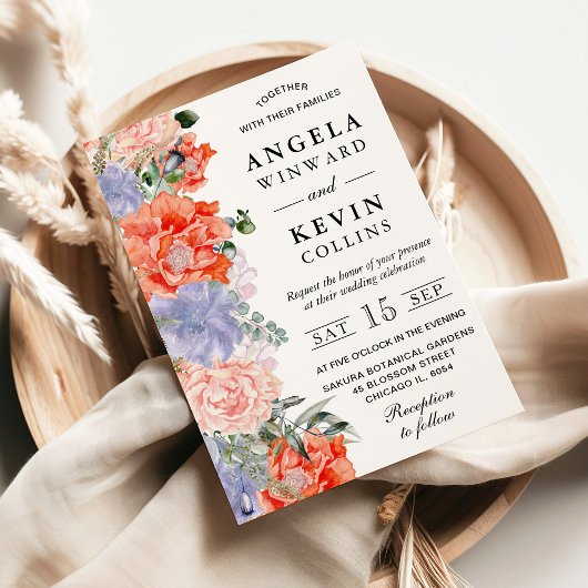 Invitation Aquarelle violet et Mariage de fleurs orange