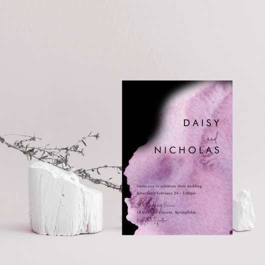 Invitation Aquarelle violet et Mariage noir