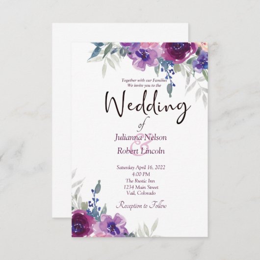 Invitation Aquarelle violet et mauve fleurs mariage invita (Devant / Derrière)