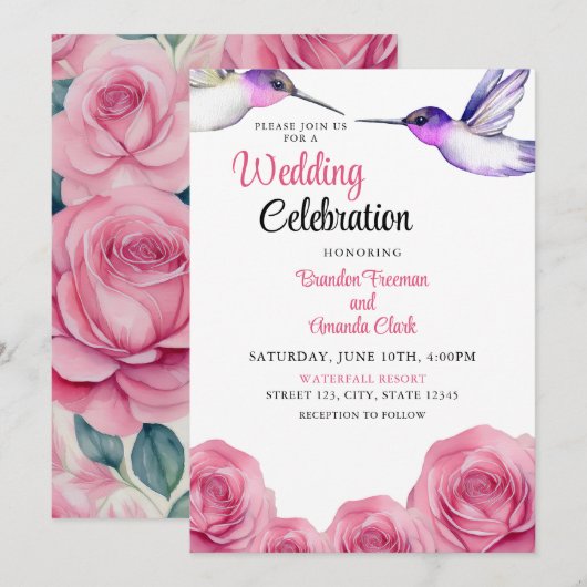 Invitation Aquarelle violet et rose Mariage de colibri (Devant / Derrière)