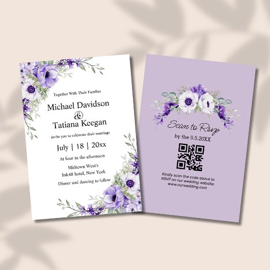 Invitation aquarelle violet fleuri code qr rsvp mariage