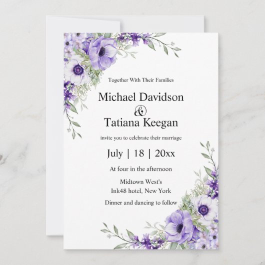 Invitation aquarelle violet fleuri code qr rsvp mariage (Devant)
