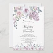 Invitation Aquarelle Violet Fleurs Baptême (Devant)