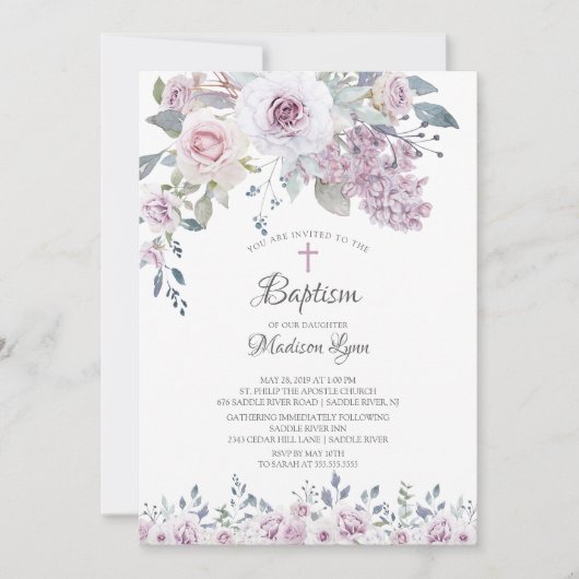 Invitation Aquarelle Violet Fleurs Baptême (Devant)
