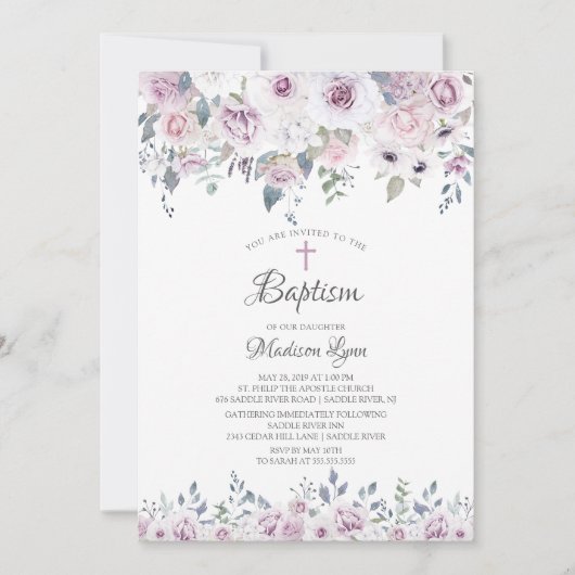 Invitation Aquarelle Violet Fleurs Baptême (Devant)