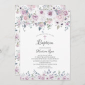 Invitation Aquarelle Violet Fleurs Baptême (Devant / Derrière)