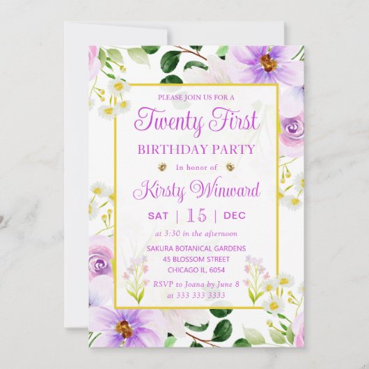 Invitation Aquarelle violet fleurs magiques 21e anniversaire (Devant)